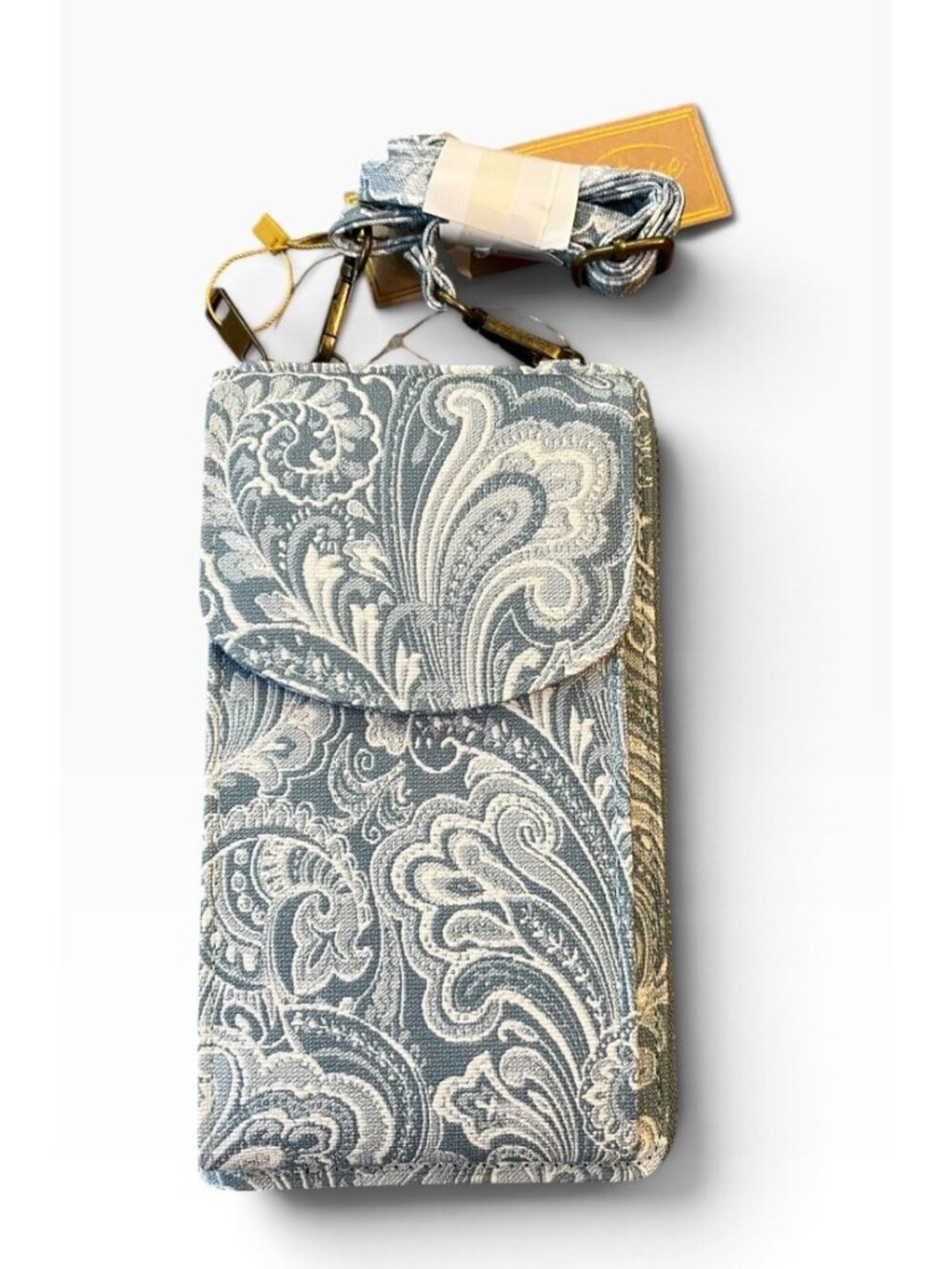 Large Cell Phone Holder & Wallet Crossbody Bag Blue Paisley Fabric NWT